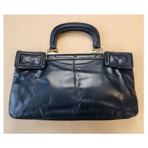 Vintage Cuero Vaca Navy Leather Handbag Gold Hardware Argentina Art Multi Open